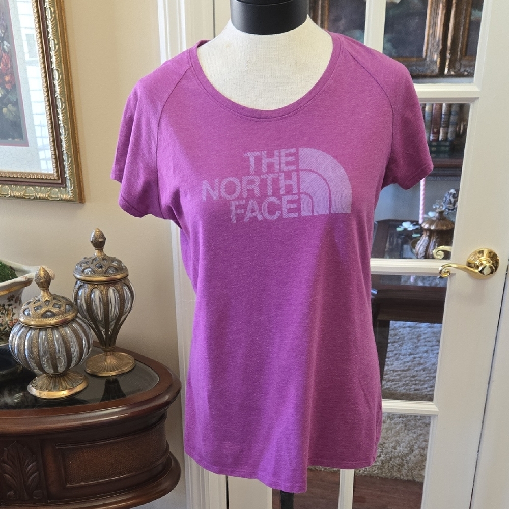 The North Face Slim Fit Purple Short Sleeve Tee Gray Logo Cotton Blend Large